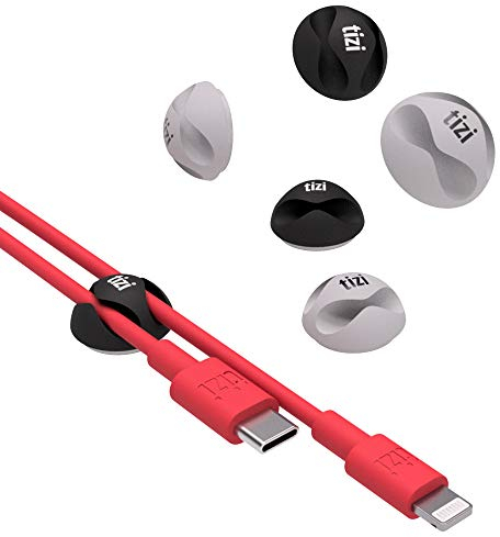 tizi Knubbi Zwergerl: 6 mini Kabel-Clips (3x grau, 3x schwarz), Mini Kabelhalter, selbstklebend mit zwei Kabelführungen.