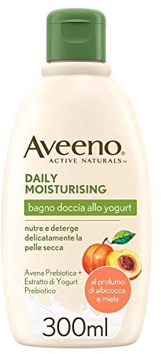 Aveeno Daily Moisturising Bagno Doccia Allo Yogurt, Bagnoschiuma idratante senza sapone, Docciaschiuma al profumo di Albicocca e Miele, Bagnodoccia per pelli sensibili con Avena e Yogurt Greco, 300 ml