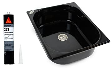 Edelstahl Spülbecken Dunkel Camping Spüle Waschbecken + Ablauf 325x265x100 mm + Montagekleber schwarz (ad-ideen)