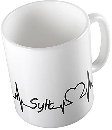Hellweg Druckerei Huuraa Kaffeetasse Sylt Nordsee Meer Herzschlag Herz Insel Liebe bedruckte 330ml Keramik Tasse als Geschenk