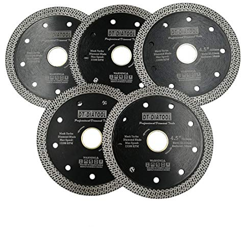 DT-DIATOOL Diamant Trennscheibe 5 Stücke 115 mm x 22,23 mm/20 mm Sägeblatt mit Mesh Turbo für Porzellan Fliesen Marmor Keramik Granit