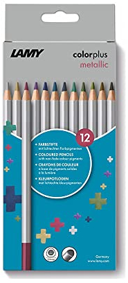 Lamy colorplus metallic Faltschachtel mit 12 Farbstiften - leuchtende Farbmotive - aus massivem Lindenholz mit ergonomischer Dreieckform - Dicke Mine Ø 3,3 mm, Farbstift Ø 7,2 mm
