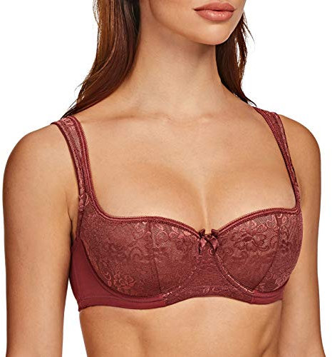 MELENECA Women's Balconette Bra with Padded Strap Half Cup Underwire Sexy Lace Cabernet Red 34E