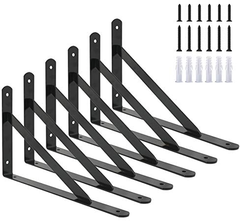 Ouvin Shelf Bracket Heavy Duty 6 Pack Triangle Shelf Brackets (300mm x190mm) Wall Mounted Right Angle Shelf Supports with Screws Black