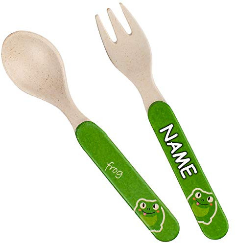 alles-meine.de GmbH Geschirr Artikelwahl 2 TLG. Set Kinderbesteck - lustiger Frosch - inkl. Name - rostfrei BPA frei - Besteck - Besteckset - Gabel + Löffel - für Kinder ..