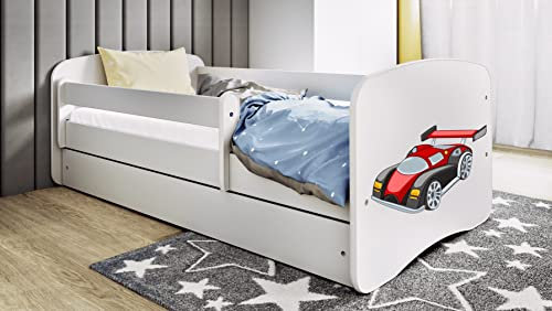 Bjird Kinderbett Jugendbett 70x140 80x160 80x180 Weiß mit Matratze Rausfallschutz Schublade und Lattenrost Kinderbetten für Mädchen und Junge - Rennwagen Motiv 180 cm