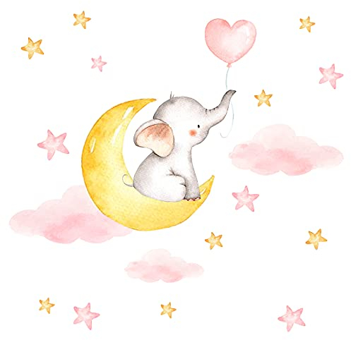 Little Deco Wandsticker Wandtattoo Kinderzimmer Mädchen Elefant Mond Wandaufkleber Tiere Wolken Sterne Babyzimmer Wanddeko Wandbild Kinder DL315-22