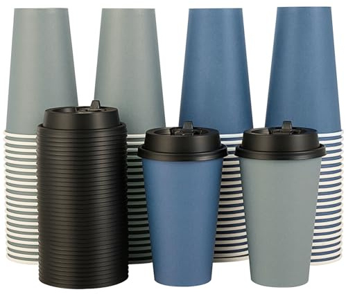 Lot de 100 gobelets à café jetables en carton avec couvercles pour café froid/chaud, eau, jus ou thé - 473 ml - Pour la maison, le restaurant, le magasin et le café - Bleu et gris