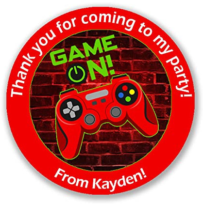 24 x Personalised Gaming Birthday Stickers for Party Thank You Sweet Cone Bags Video Games Party Bus - (D1 - Red)