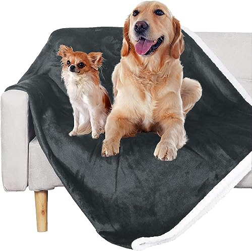 Wasserdichte Hundedecke, waschbare Haustierdecke für Sofabett, flüssigkeitsdichte Hundebettdecke, weiche, strapazierfähige und wendbare Sherpa Fleece-Decke für mittelgroße Hunde (dunkelgrau 127x152CM)