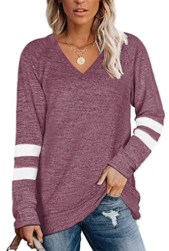Famulily Women Long Sleeve Sexy V Neck T Shirts Casual Loose Fit Fashion Solid Fall Outdoor Knit Jumpers Top Wine S