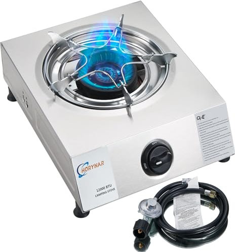 Horynar Fornello a propano a bruciatore singolo, fornello a propano 1 bruciatore 12000 BTU Fornello a propano Fornello da campeggio con adattatore per propano Tubo flessibile Fornello a gas portatile