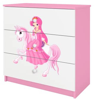 Générique Commode BABYDREAM - Princesse à Cheval - en Panneaux de Particules 81x41x80,5 cm, 3 tiroirs, Couleur Rose Poudré