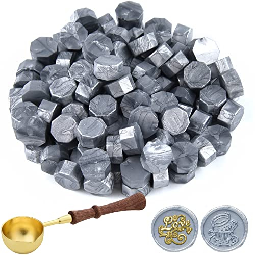 ASTARON 300 Stück Siegelwachs Silber, Siegelwachs Perlen mit 1 Wachsschmelzlöffel, achteckiges Wachssiegel-Set für Einladungen, Karten, Umschläge, Weinpakete, Geschenkverpackungen