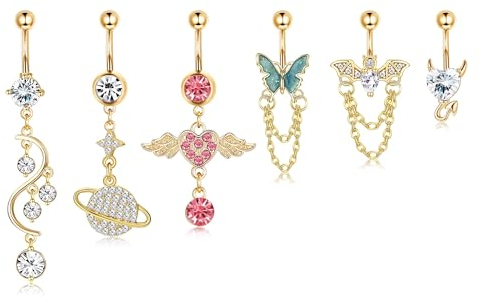 Kakonia 6stk 14G Bauchnabelpiercing für Damen Mädchen Edelstahl Bauchnabelringe Dangly Rosa CZ/Devil Herz/Schmetterling/Bat Chain Bauchnabel Piercings Schmuck Fashion Körper Piercing Schmuck