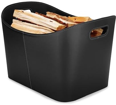 VIIRKUJA Feuerholzkorb - Robuster Korb für Brennholz, mit Kunst Leather, 2 Tragegriffe, ideal für Kaminzubehör, Innenbereich - 55x35,5x42,5 cm - Schwarz