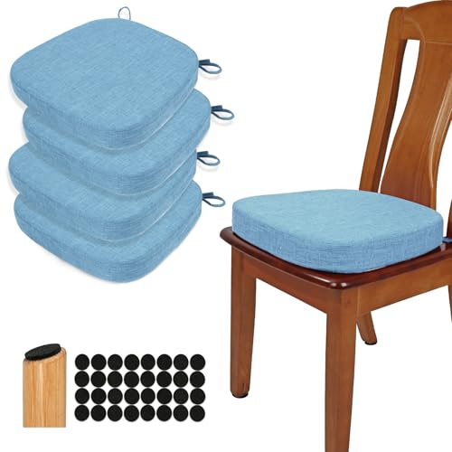 BUYUE Stuhlkissen 6,5 cm dick, U-Form Sitzkissen 40x40 cm mit hochdichtem Schaumstoff, Stoffbezug, rutschfestes Sitzpolster für Küche und Esszimmer (4 Stück, Hellblau)