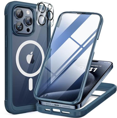 Miracase Magnetic Case for iPhone 15 Pro Case 6.1-Inch, Full Body Bumper Case Compatible with MagSafe and Built-in 9H Tempered Glass Screen Protector + Camera Lens Protector (Storm Blue)