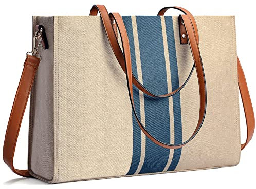 Laptop Tote Bag for Women 15.6 Inch Canvas Laptop Handbag Computer Work Bag Large Business Briefcase Shoulder Bag for Women Blue