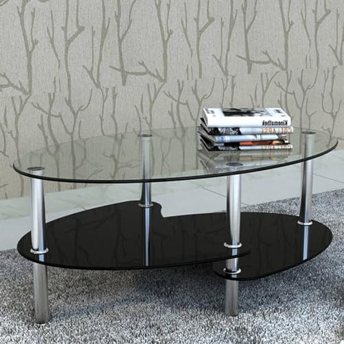 IKAYAA Mesa de Centro de Vidrio, Mesa de Cristal Ovalado con Revistero, Mesa Centro Café Ovalado de Vidrio para Salón, Comedor, Sala de Estar, 90 x 45 x 43 cm Negro