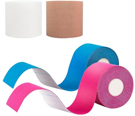 PIWOSGOL 4 Rollen Kinesiotapes, 5cm x 5m Kinesiologie Tape, Wasserfest & Elastisch Kinesiotapes Hautfreundlich für Sport, Physio Tape & Sporttape für Knie Ellenbogen Schulter, Blau/Beige/Rosa/Weiß