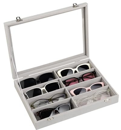Frebeauty Sunglass Organiser,Velvet Glasses Organiser,8-Slot Sunglasses Tray with Clear Lid,Men's/Women's Sunglasses Box,Sunglass Case,13.3 x 9.6 x 2.2 Inches,Eyeglass/Eyewear Display Tray(Grey)