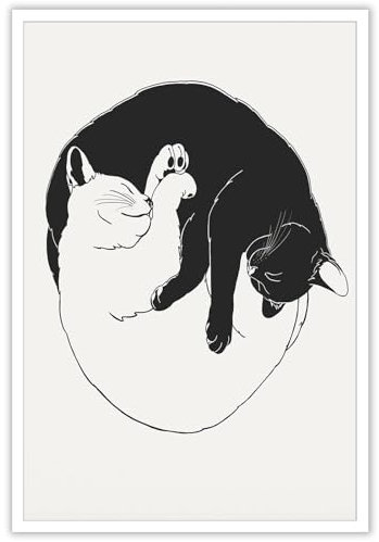 ADRHGCY Schwarz-Weiß-Wandkunst, Yin- und Yang-Katzen-Poster, Wohltätigkeitsorganisation, Vintage-Linoleum-Stil, 70er-Jahre-Stil, neutrale Retro-Wanddekoration, Boho-Katze, minimalistische Wandkunst,