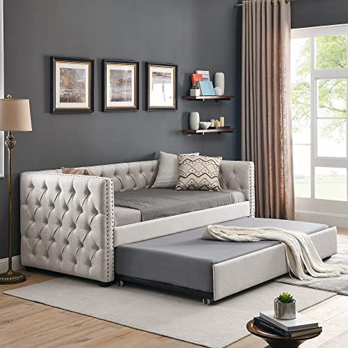 Acosure Gepolstertes Doppelbett mit Ausziehbett, massives Holzsofa mit Knopf, getuftet und Kupfernagel auf quadratischen Armen, keine Federbox nötig, Bettgestell für Wohnzimmer, Schlafzimmer,