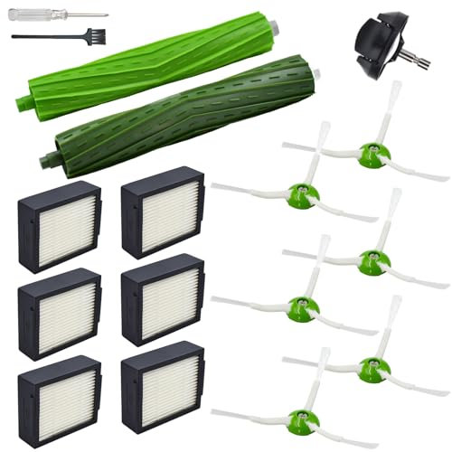 Accessori e ricambi compatibili con iRobot Roomba i7 i7+, i3 i3+, i4 i4+, i5 i5+, i6 i6+, i8 i8+, i1, i2, e5, e6, e7, serie i J – 1 ruota anteriore, 1 spazzola in gomma, 6 filtri, 6 spazzole laterali