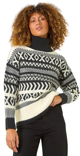 Roman Petite Floral Print Roll Neck Jumper for Women UK - Ladies Everyday Autumn Winter Roll Neckline Comfy Soft Evening Vacation Work Party Night Out - Black White - Size 18