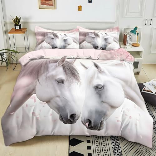 Generisch Bettwäsche 155x220 cm Weißes Pferd Kirschblüte 3teilig Bettwäsche-Sets Kinder Mikrofaser Baumwolle, Soft Jungen Mädchen Bettwaren Bettbezug mit 2 Kissenbezug 80x80 cm