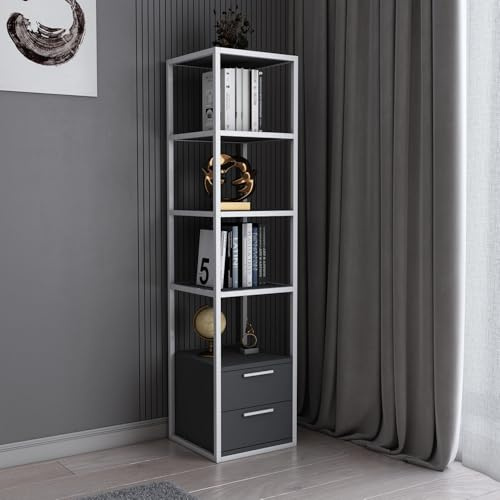 Modern Bookshelf, 160 cm Height, White & Anthracite | 100% Melamine Coated Particle Board, 18 mm Thick, Sturdy Metal Frame | Stylish Storage Solution for Home & Office