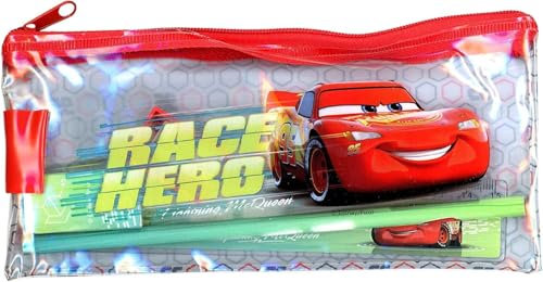 Disney Pixar Federmäppchen flach für die Schule Cars aus glänzendem Kunststoff 4 Stück Größe 18,5 x 9,5 cm, durchsichtig, Federmäppchen mit Reißverschluss