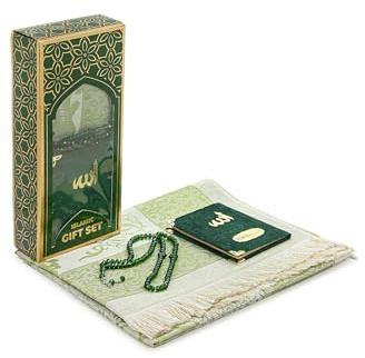 ihvan online Taffeta Fabric Muslim Prayer Rug & Velvet Covered Yaseen Surah Pocket-Size Book & Crystal Prayer Beads Set with Kraft Boxed, Perfect Islamic Ramadan Eid Gifts, Green