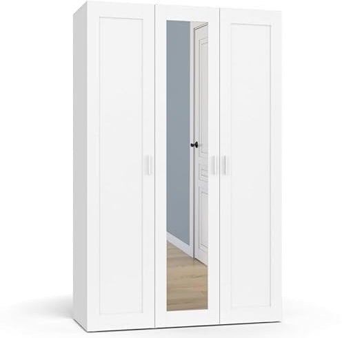IDMarket - Vito Kleiderschrank mit 3 Türen, Weiß, 120 cm, mit Spiegel und Einlegeböden