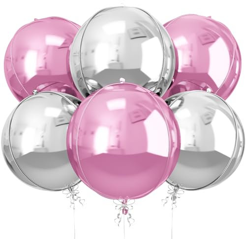 6 palloncini rotondi in lamina argentata rosa, 55,9 cm, 4D, argento metallizzato, grandi, per ragazze, donne, compleanni, anniversari, baby shower, feste di nozze, decorazioni per sfondo