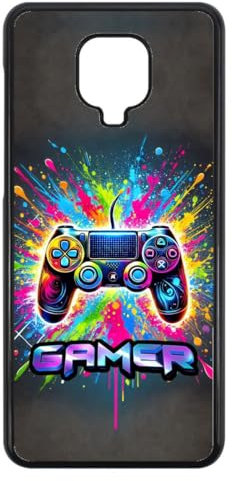 FunKaz Coque pour Xiaomi Redmi Note 9 Pro - Gamer Manette de Jeu Fond Multicolore - Coque Noire TPU