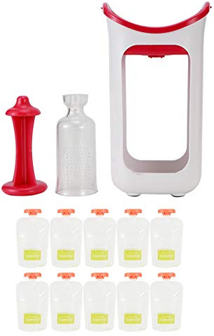 Kids Fruit Squeeze Station mit 10 Beuteln Nicht -Slip -Basis Weichgreifer Lebensmittelqualität Abs sicheres Material tragbar für hausgemachte Püree Lebensmittel Lagerung Küche (Rosenrot)