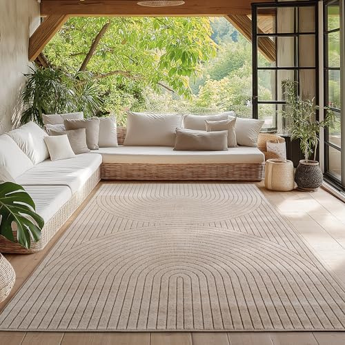 HomebyHome Kurzflor Teppich 200x290 cm Beige Wohnzimmer, Schlafzimmer, Küche, 3D Hoch-Tief-Effekt, Skandinavisch Boho Motiv, für Outdoor Bereich geeignet Terrassen oder im Balkon