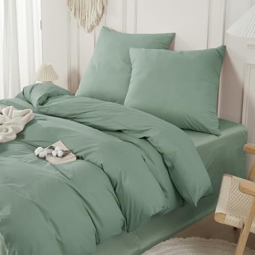 SAPHREAS Bettwäsche 200x220 100% Baumwolle 3teilig, Ähnliche Textur wie Washed Leinen, Bettwäsche-Sets mit Reißverschluss, Oeko-Tex Bettbezug, Sage Grün