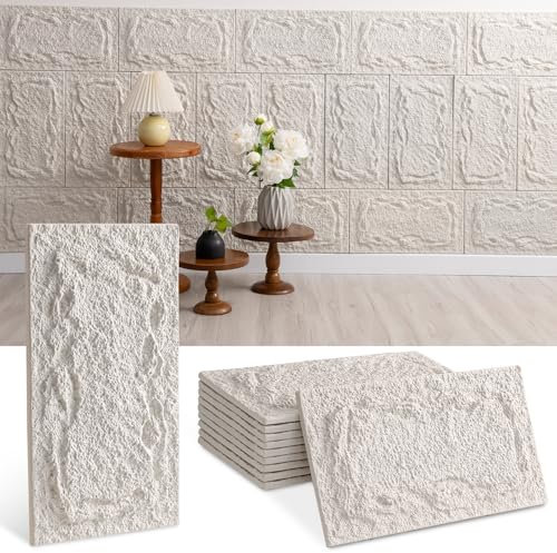 Lot de 10 panneaux muraux 3D, aspect pierre, 45 x 25 cm, aspect brique, revêtement mural pour intérieur et extérieur, panneaux de pierre, briques, blancs