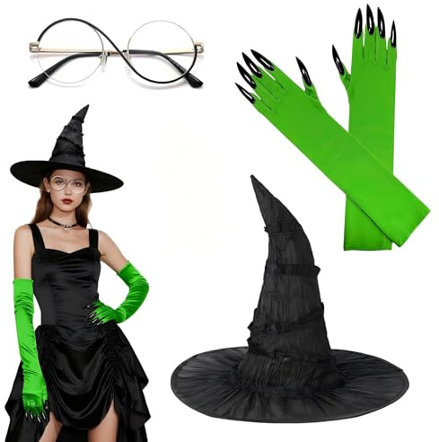 Witch Costume Adult Accessories,Elphaba Costume Accessories,Wicked Witch Costumes,Include Black Witches Hat Glasses with Gloves,Halloween Carnival Female Role Playing Dress Up Wizard Costumes