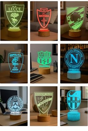 Lampada LED da Calcio Personalizzata con Nome e Stemma della Tua Squadra Del Cuore | 7 Colori USB/Batterie | Regalo Originale per Tifosi, Bambini, Amici e Familiari | Decorazione Camera o Studio