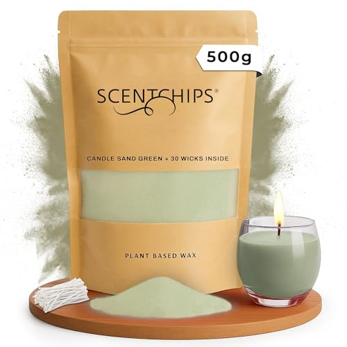 Scentchips Kerzensand – Farbiger Wachsgranulat zum Selbermachen von Kerzen mit 30 losen Dochten, Dekosand für Glasgefäße & Teelichter, Duftfrei, Ideal für DIY, Party & Wohnkultur (Green, 500g)