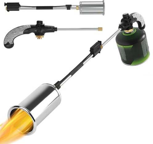 Sondiko Quemador de maleza de llama grande, quemador de gas para maleza, lanzallamas, quemador de maleza de propano desmontable para jardín, aceras, hielo, nieve y techos (cartucho de gas no incluido)