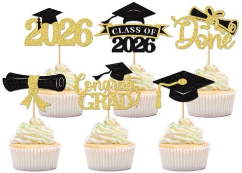 24 Stück Glitzer 2026 Graduation Cupcake Toppers, Grade Cap Torten Dekorationen für 2026 Abschluss Party