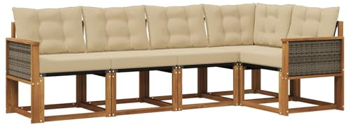 vidaXL Outdoor-Sofagarnitur mit Kissen 5 pcs Natur und Beige, Moderne Garten-Sofaset, wetterfestes Möbel, Bequeme Liege, stilvolles Outdoor-Sitzen für Entspannung