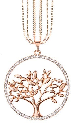 Mianova Damen Lange Halskette Kette Lebensbaum Anhänger mit Swarovski Elements Strass Kristall Steinen Lang Rosegold Groß