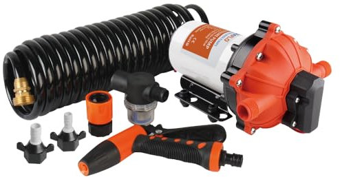 SEAFLO 55-Series Washdown Pump Kit - 12V DC, 5.5 GPM, 60 PSI, Self-Priming, Adjustable Pressure Switch, Coiled Hose, Spray Nozzle, High Flow and Pressure for RV, Boat, and Off-Grid Applications