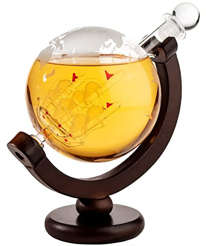 AMAVEL Whisky Karaffe: Globus mit Flaschenschiff inkl. luftdichtem Verschluss, edler Glasglobus für Whiskey, Globus Karaffe für Gin, Rum und Whisky, Alkohol Behälter mit Weltkarte, Füllmenge 650 ml
